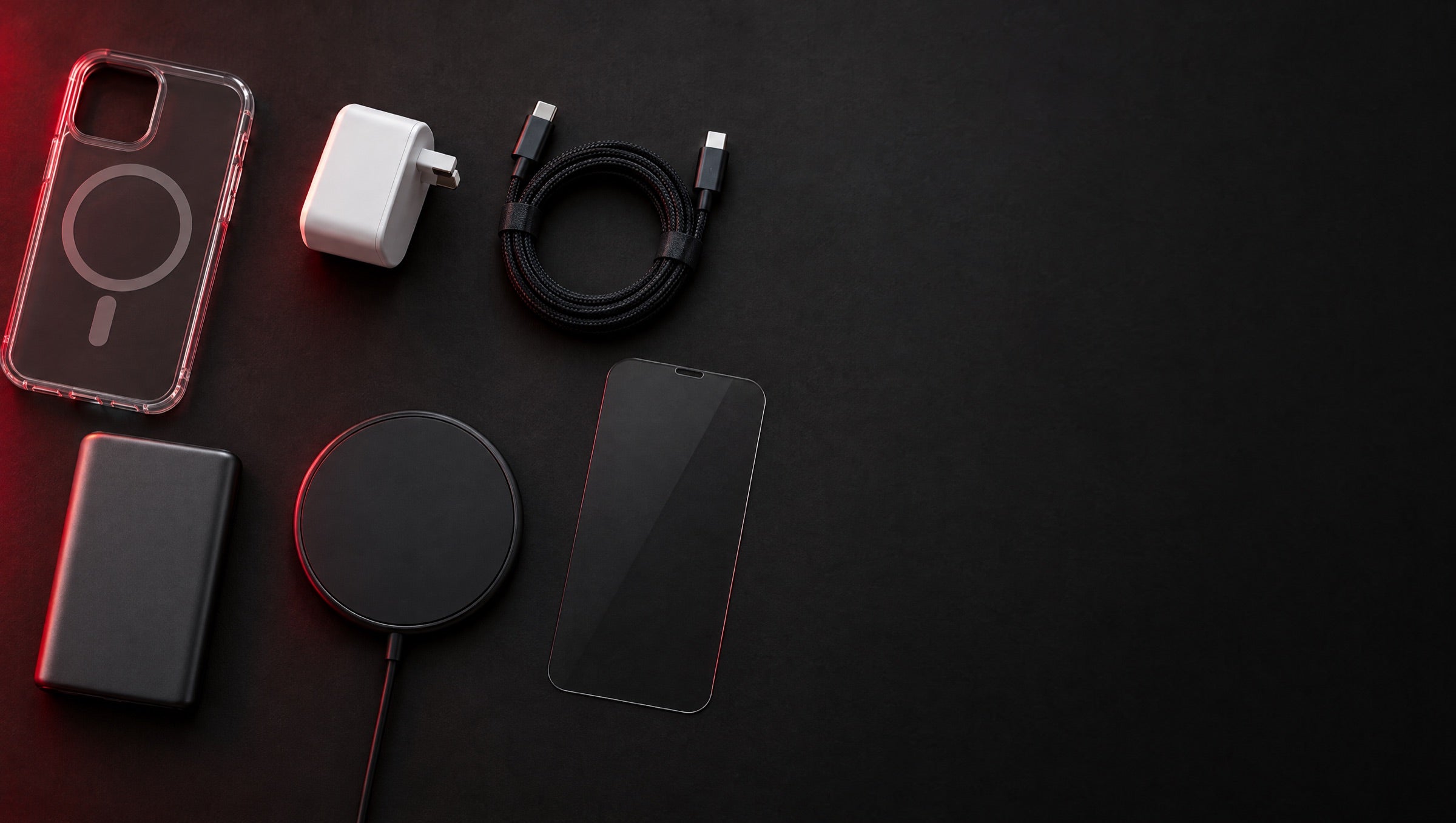Phone cases, chargers and cables laid out on a dark surface
